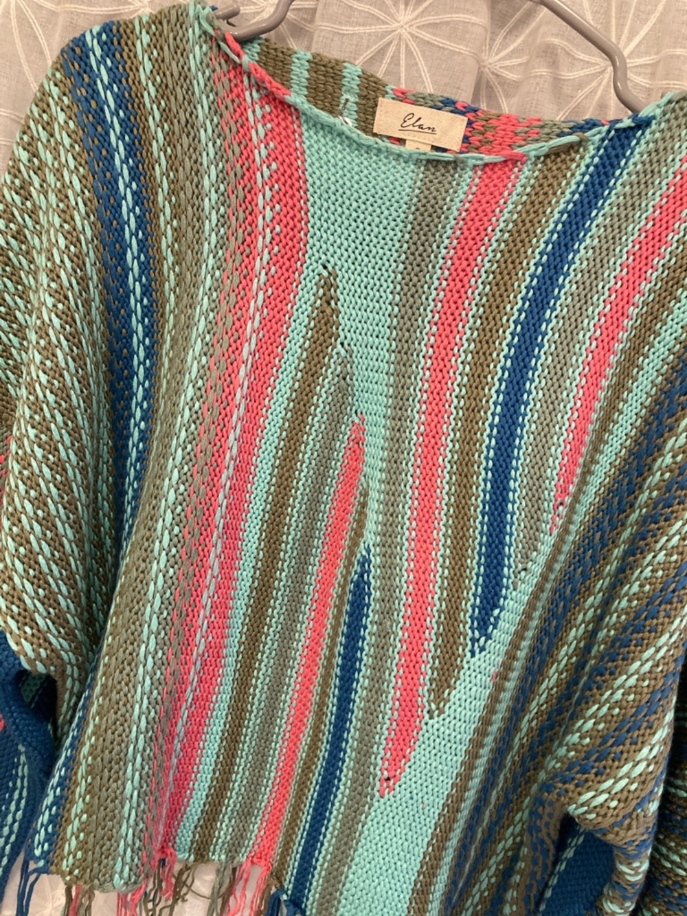 Elan Striped Fringe Knit Sweater in Teal, Coral & Olive - Picture 4 of 8